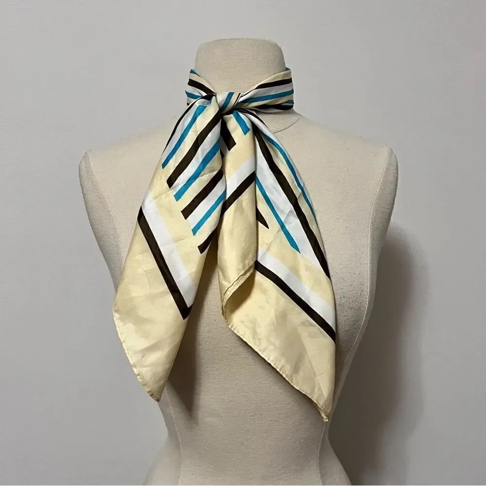 Mod Vintage 1960s Neutrals and Aqua Striped Scarf